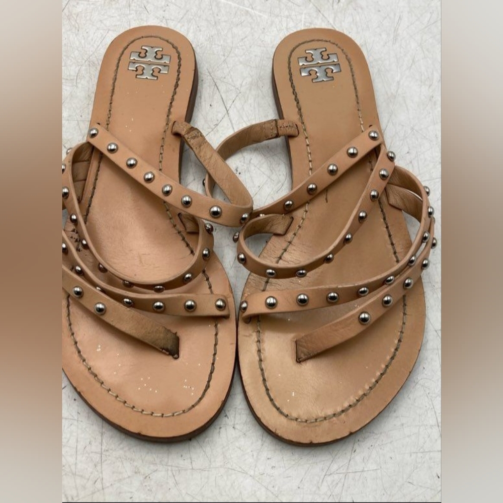 Tory Burch Designer Patos Tan Studded Strappy Calf Leather Thong Sandals 9.5 - Picture 5 of 8